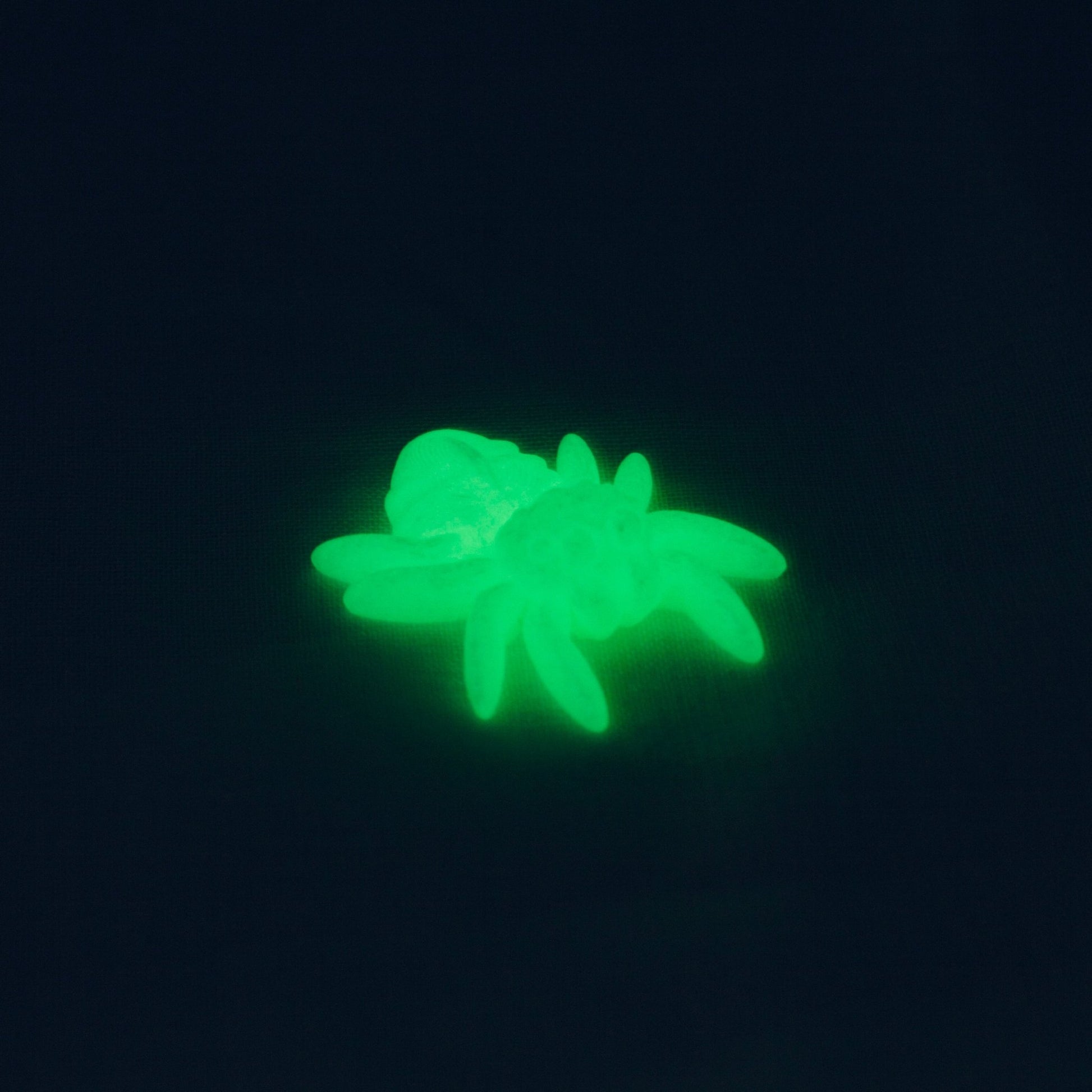 Glowing green spider-shaped object on a black background